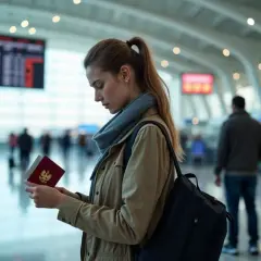 Młoda kobieta z paszportem w ręku na lotnisku. Ważne turcja wiadomości dla turystów przed podróżą.
