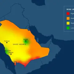 Mapa ryzyka w Arabii Saudyjskiej: czy w Arabii Saudyjskiej jest bezpiecznie? Kolory wskazują poziom zagrożenia od niskiego (zielony) do wysokiego (czerwony).