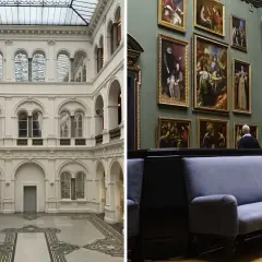 Wnętrza muzeów we Wrocławiu: jasny dziedziniec z arkadami i galeria sztuki z obrazami.