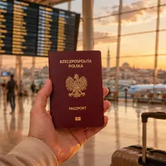 Paszport w dłoni na lotnisku, z widokiem na turecką flagę i wschód słońca. Czy do Turcji potrzebny jest paszport? Tak, jest niezbędny.