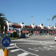 Lamezia Terme lotnisko, z palmami i samochodami przed nowoczesnym budynkiem terminalu.