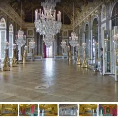 Wspaniała sala lustrzana w Wersalu, pełna kryształowych żyrandoli i złotych zdobień, zaprasza do królewskiego balu.