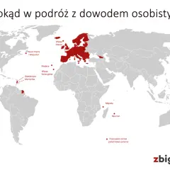 Mapa świata z zaznaczonymi terytoriami, gdzie można podróżować gdzie bez paszportu: Europa, Karaiby, wyspy na Atlantyku i Pacyfiku.