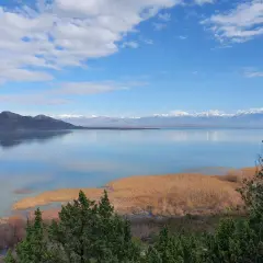Piękna, słoneczna pogoda w Czarnogórze w czerwcu. Jezioro Skadar odbija błękitne niebo z białymi chmurami, a w oddali widać ośnieżone góry.
