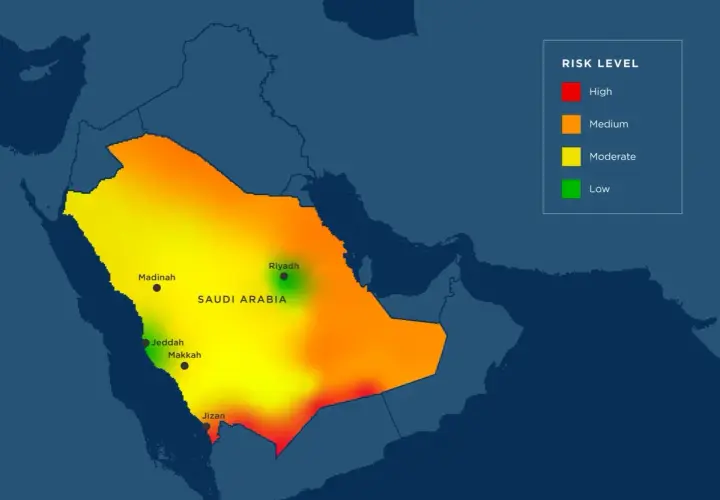 Mapa ryzyka w Arabii Saudyjskiej: czy w Arabii Saudyjskiej jest bezpiecznie? Kolory wskazują poziom zagrożenia od niskiego (zielony) do wysokiego (czerwony).