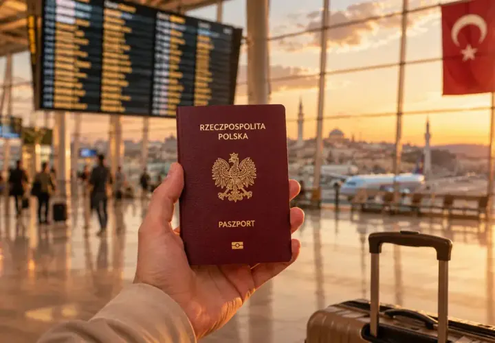 Paszport w dłoni na lotnisku, z widokiem na turecką flagę i wschód słońca. Czy do Turcji potrzebny jest paszport? Tak, jest niezbędny.
