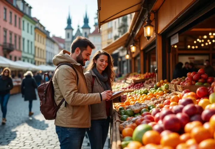 Para młoda sprawdza ceny w Czechach na targu pełnym świeżych owoców.