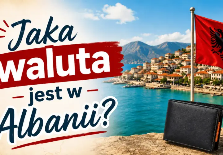 Jaka waluta w Albanii? Czarny portfel na tle malowniczego wybrzeża i albańskiej flagi.