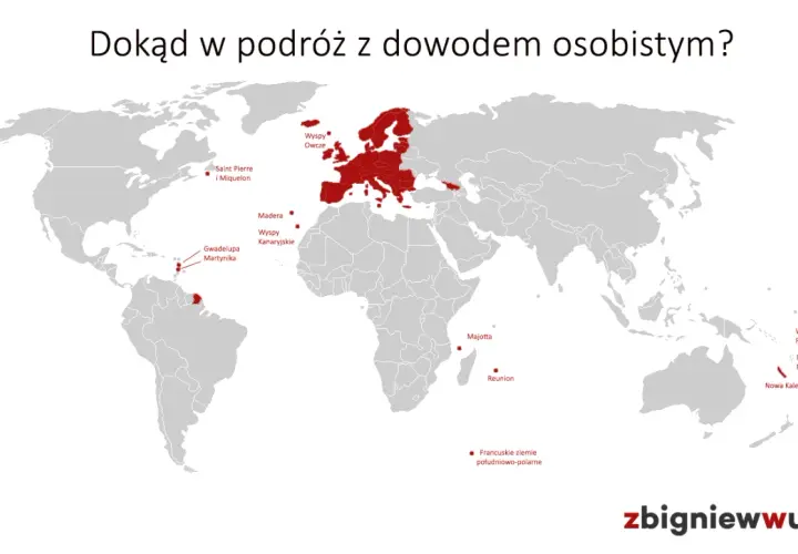 Mapa świata z zaznaczonymi terytoriami, gdzie można podróżować gdzie bez paszportu: Europa, Karaiby, wyspy na Atlantyku i Pacyfiku.