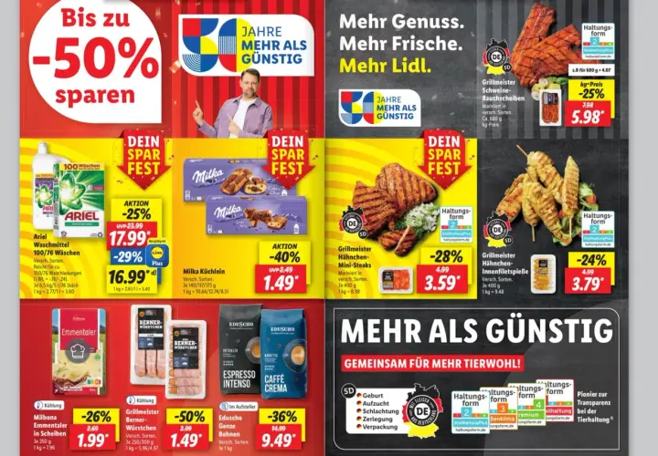 Niemieckie ceny w Lidlu: Ariel od 16.99 zł, Milka Küchlein 1.49 zł, grillowane mięsa od 3.59 zł.