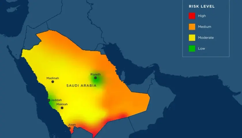 Mapa ryzyka w Arabii Saudyjskiej: czy w Arabii Saudyjskiej jest bezpiecznie? Kolory wskazują poziom zagrożenia od niskiego (zielony) do wysokiego (czerwony).