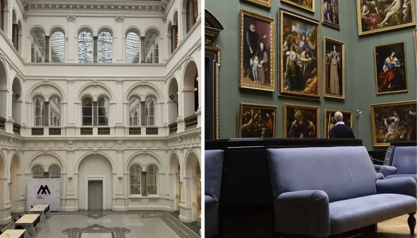 Wnętrza muzeów we Wrocławiu: jasny dziedziniec z arkadami i galeria sztuki z obrazami.