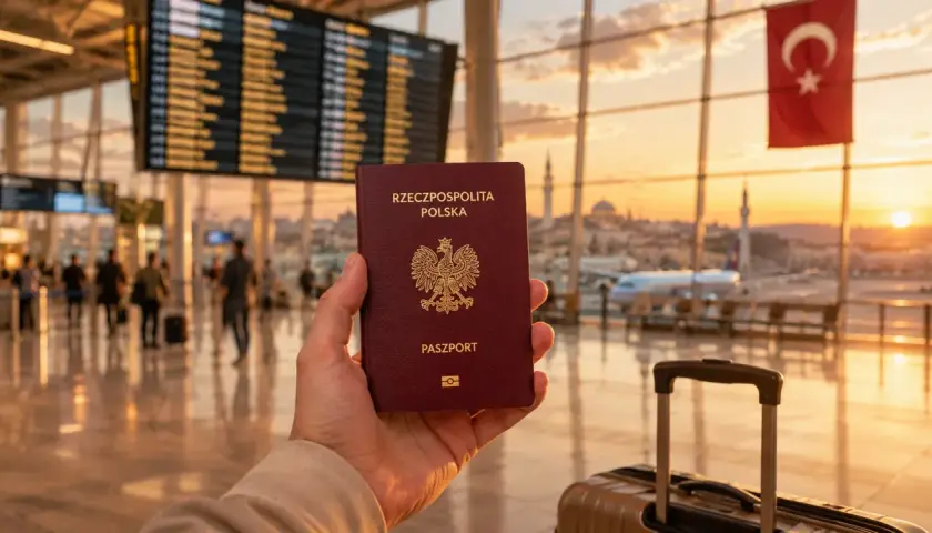 Paszport w dłoni na lotnisku, z widokiem na turecką flagę i wschód słońca. Czy do Turcji potrzebny jest paszport? Tak, jest niezbędny.
