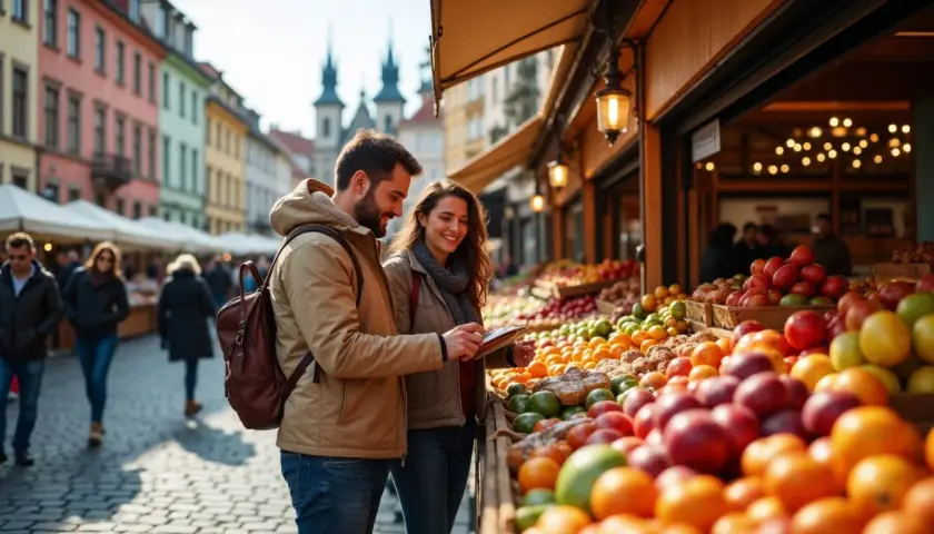 Para młoda sprawdza ceny w Czechach na targu pełnym świeżych owoców.