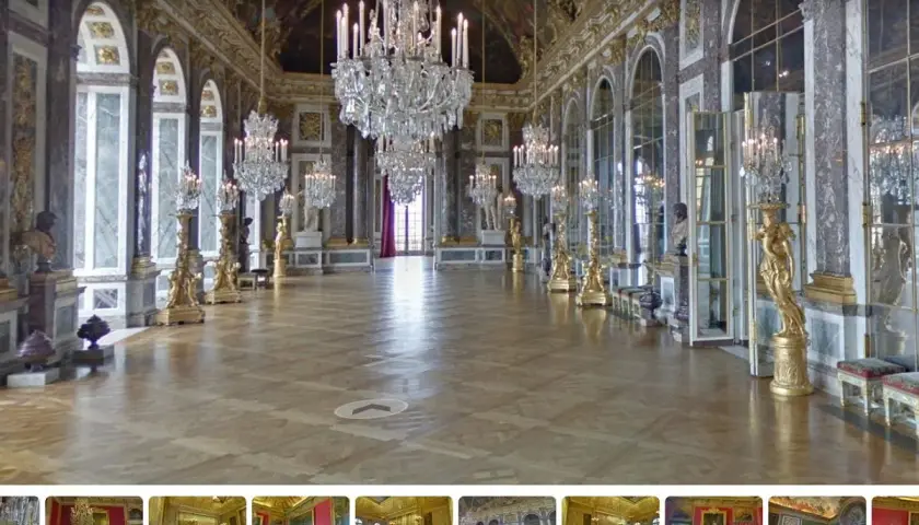 Wspaniała sala lustrzana w Wersalu, pełna kryształowych żyrandoli i złotych zdobień, zaprasza do królewskiego balu.