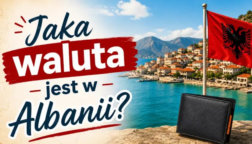 Jaka waluta w Albanii? Czarny portfel na tle malowniczego wybrzeża i albańskiej flagi.