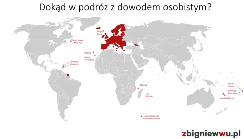 Mapa świata z zaznaczonymi terytoriami, gdzie można podróżować gdzie bez paszportu: Europa, Karaiby, wyspy na Atlantyku i Pacyfiku.