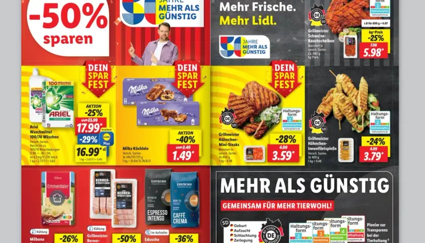 Niemieckie ceny w Lidlu: Ariel od 16.99 zł, Milka Küchlein 1.49 zł, grillowane mięsa od 3.59 zł.