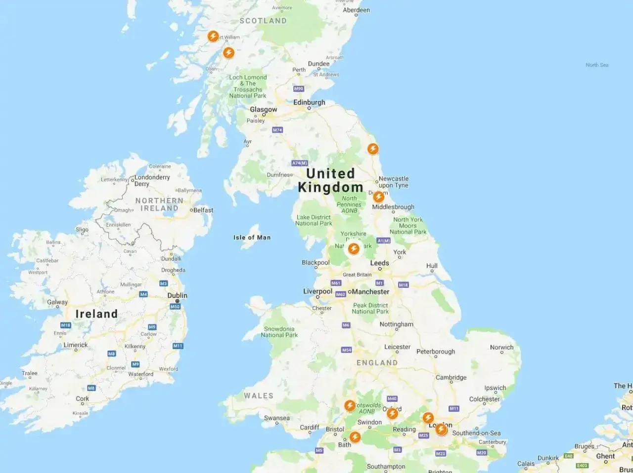 Mapa Wielkiej Brytanii z zaznaczonymi miejscami, gdzie kręcono sceny do Harrego Pottera.