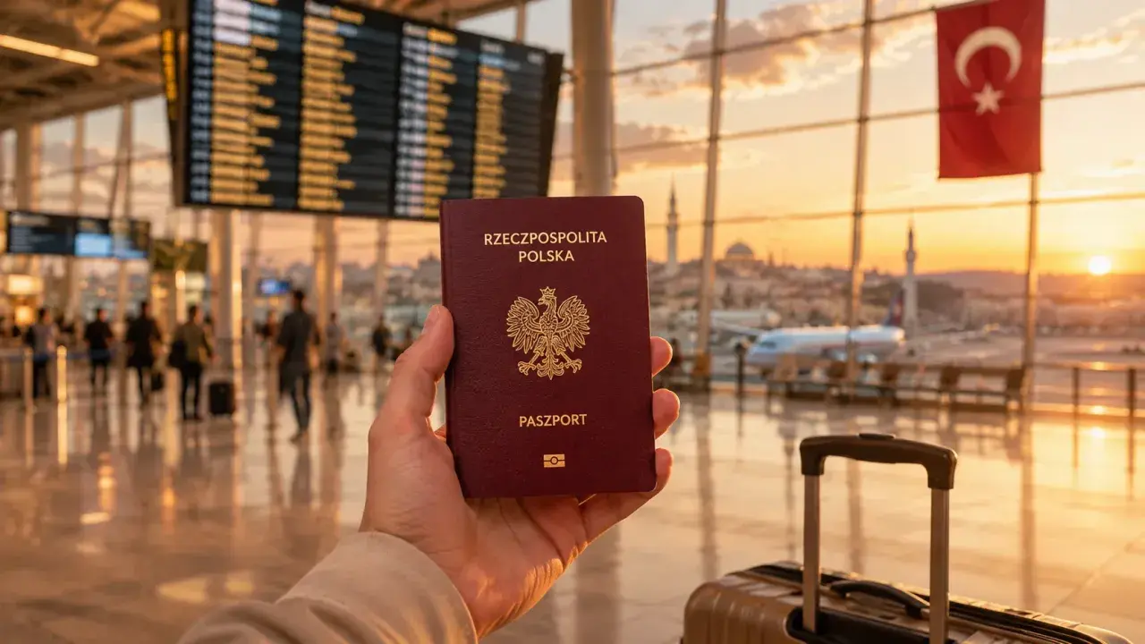 Paszport w dłoni na lotnisku, z widokiem na turecką flagę i wschód słońca. Czy do Turcji potrzebny jest paszport? Tak, jest niezbędny.