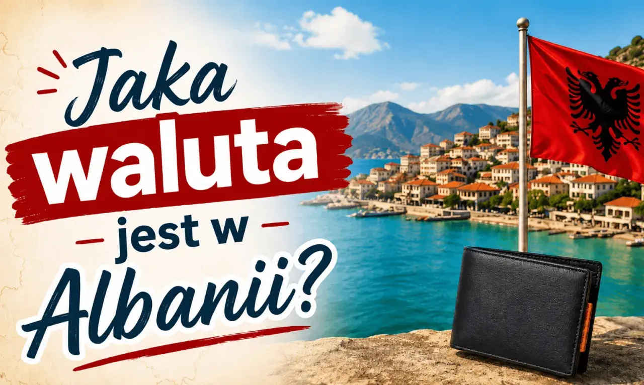Jaka waluta w Albanii? Czarny portfel na tle malowniczego wybrzeża i albańskiej flagi.