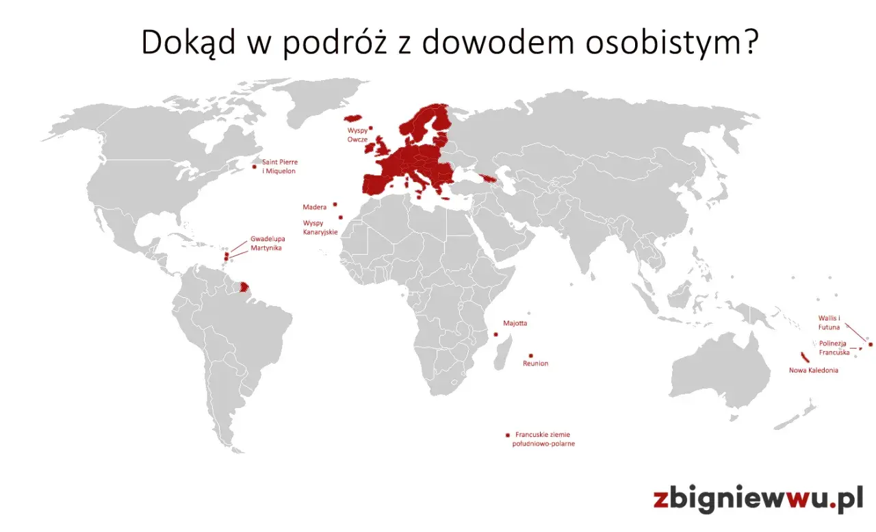 Mapa świata z zaznaczonymi terytoriami, gdzie można podróżować gdzie bez paszportu: Europa, Karaiby, wyspy na Atlantyku i Pacyfiku.