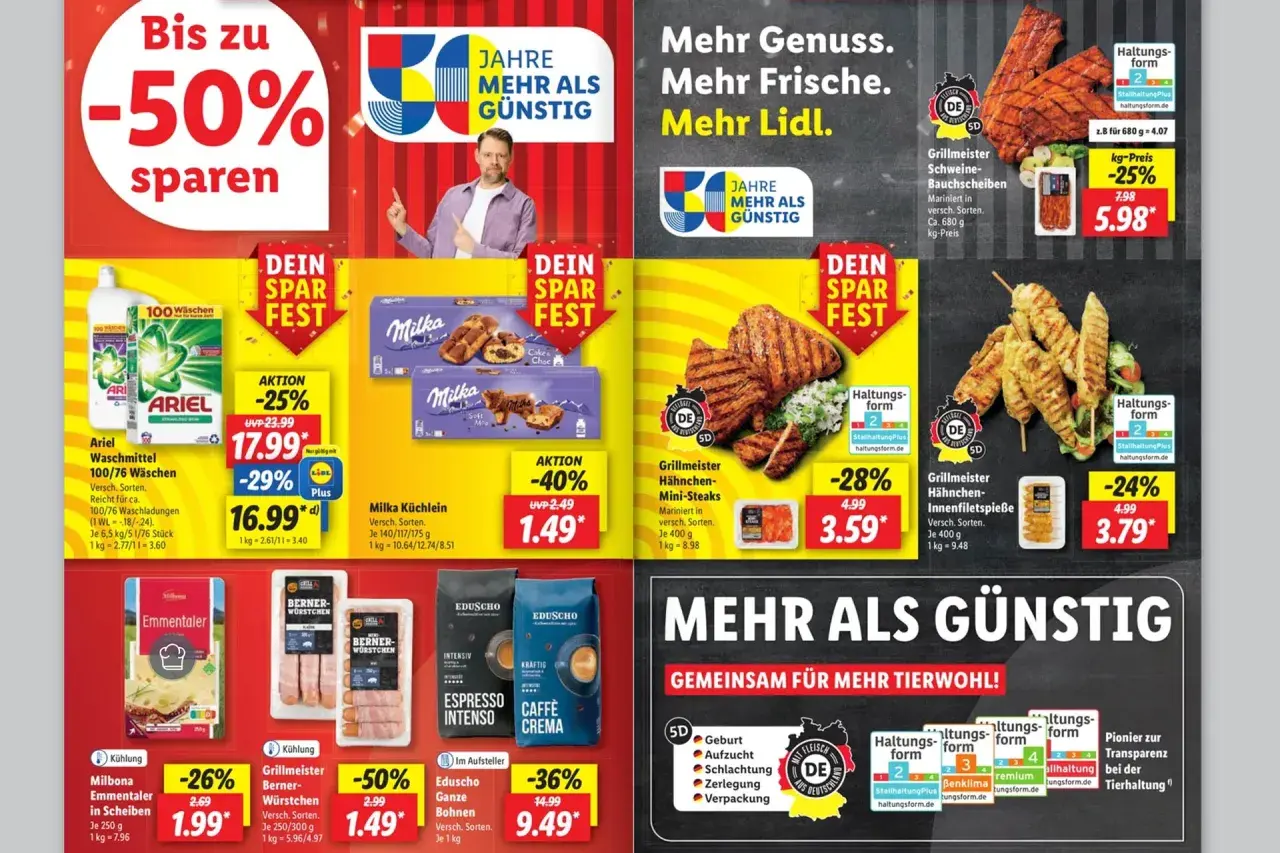 Niemieckie ceny w Lidlu: Ariel od 16.99 zł, Milka Küchlein 1.49 zł, grillowane mięsa od 3.59 zł.