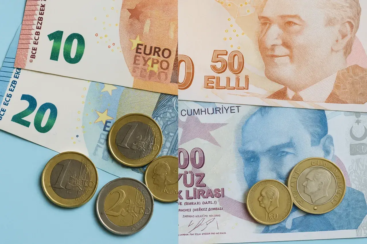 Euro i lira turecka. Na Cyprze używa się euro, więc to zestawienie pokazuje, jaka waluta na Cyprze jest oficjalna.