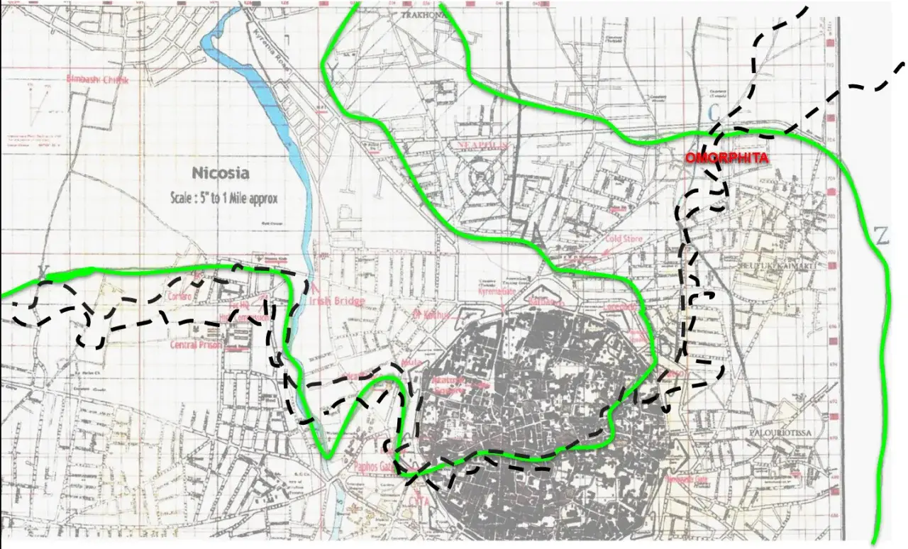 Mapa Nikozji z zaznaczonymi trasami. Czy Cypr jest bezpieczny? Mapa pokazuje granice i drogi, w tym Omorphita.