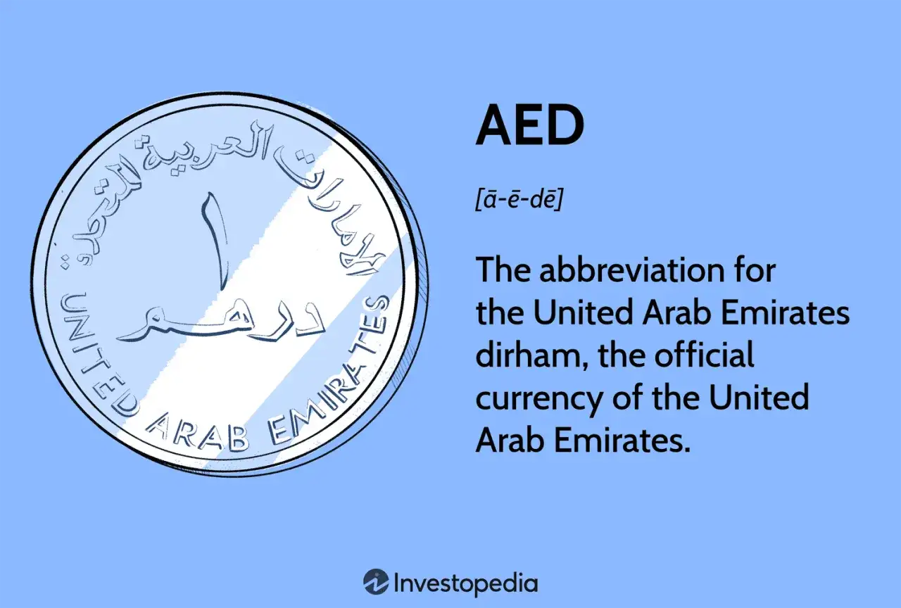 AED to skrót od United Arab Emirates dirham, czyli jaka waluta w Dubaju. Moneta z napisem