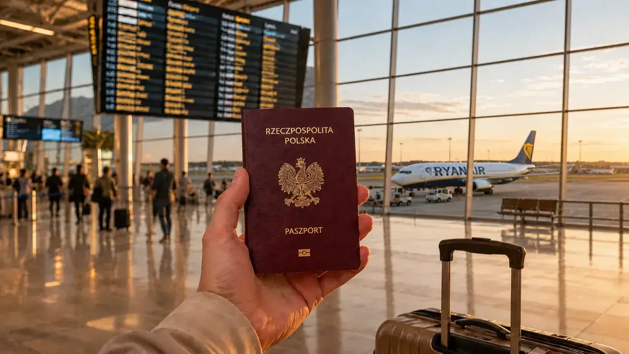 Pasport w dłoni, samolot Ryanair na płycie lotniska. Planujesz podr&oacute;ż do Czarnog&oacute;ry? Na co uważać? Sprawdź przed wylotem!