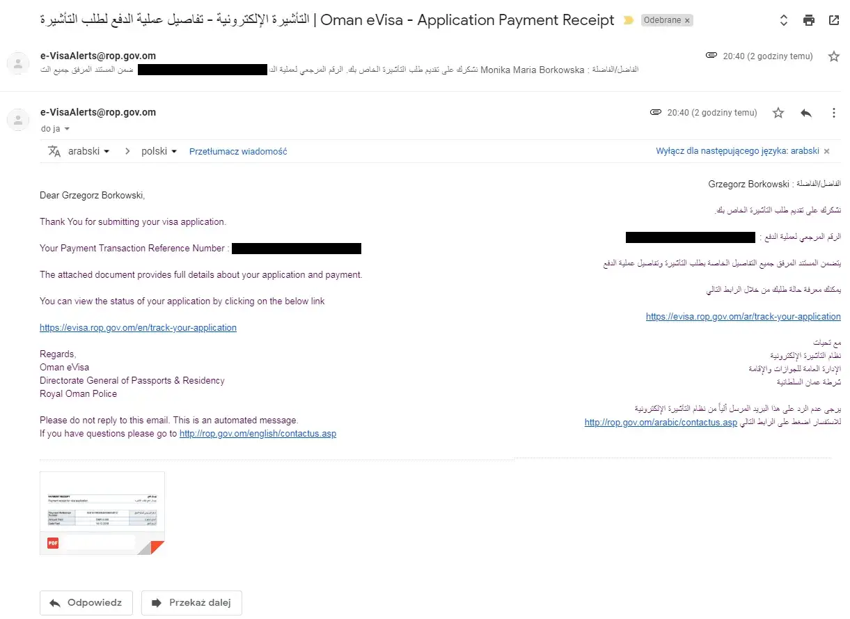Potwierdzenie płatności za wizę do Omanu. Czy jest bezpiecznie? Sprawdź status swojej aplikacji online.