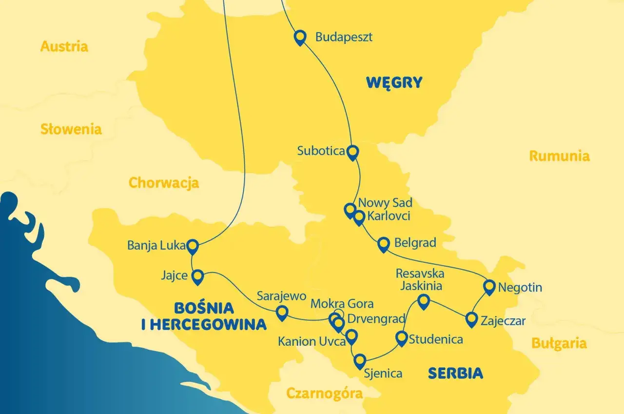Mapa pokazuje trasę przez Bałkany, z zaznaczonymi miastami i atrakcjami. Serbia oferuje wiele do zobaczenia: Belgrad, Nowy Sad, Resavska Jaskinia, Studenica.