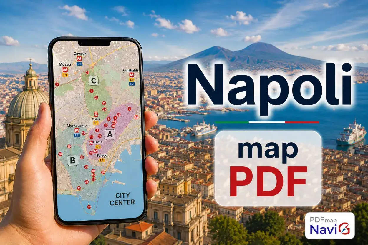 Mapa Neapolu na telefonie, z Wezuwiuszem w tle. Czy neapol jest bezpieczny? Ta mapa pomoże Ci odkryć miasto.