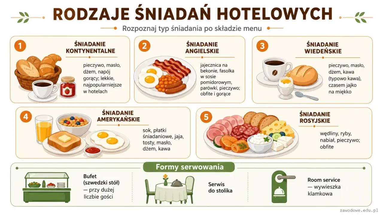 Room service - wywieszka klamkowa. Grafika przedstawia rodzaje śniadań hotelowych i formy ich serwowania.