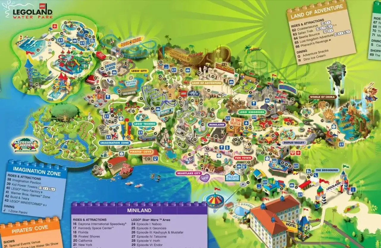 Mapa parku rozrywki Legoland, gdzie jest legoland? Znajdziesz tu krainy: Land of Adventure, Lego Kingdoms, Miniland i wiele innych atrakcji.