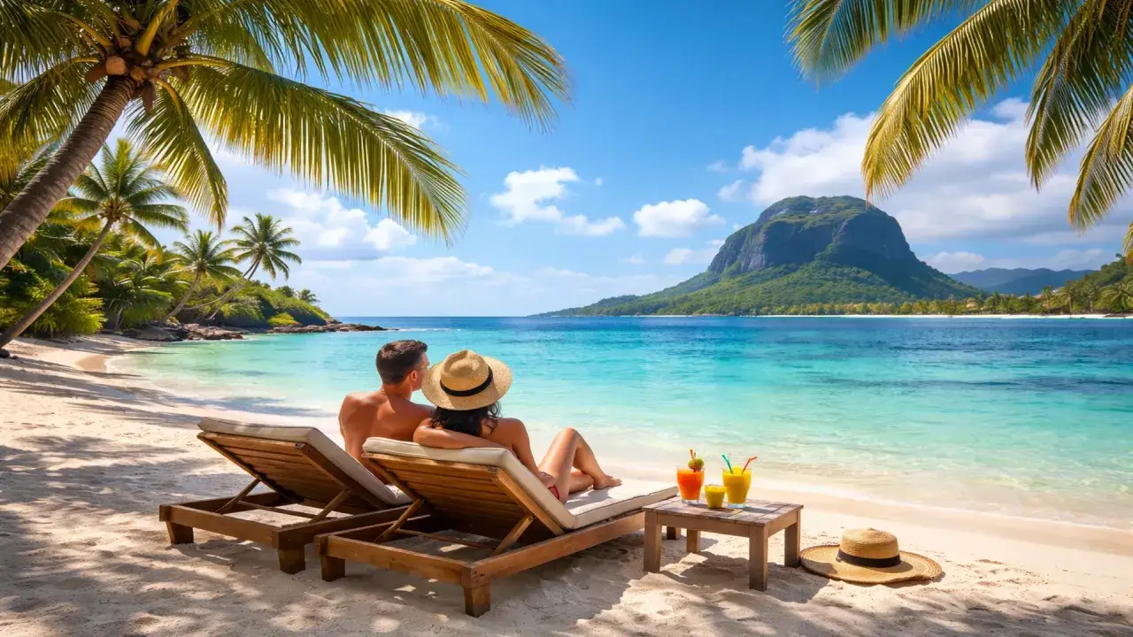 Para na leżakach na plaży Mauritiusa, podziwiając turkusowe morze. Idealna pogoda w lipcu na relaks.