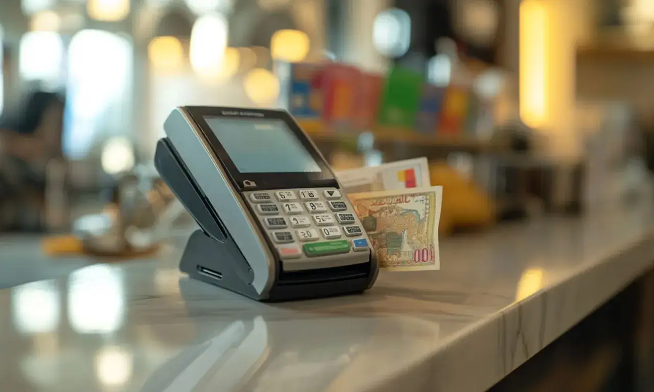 Terminal płatniczy z banknotem 100 dirhamów. Jaka waluta w Dubaju? Dirham.
